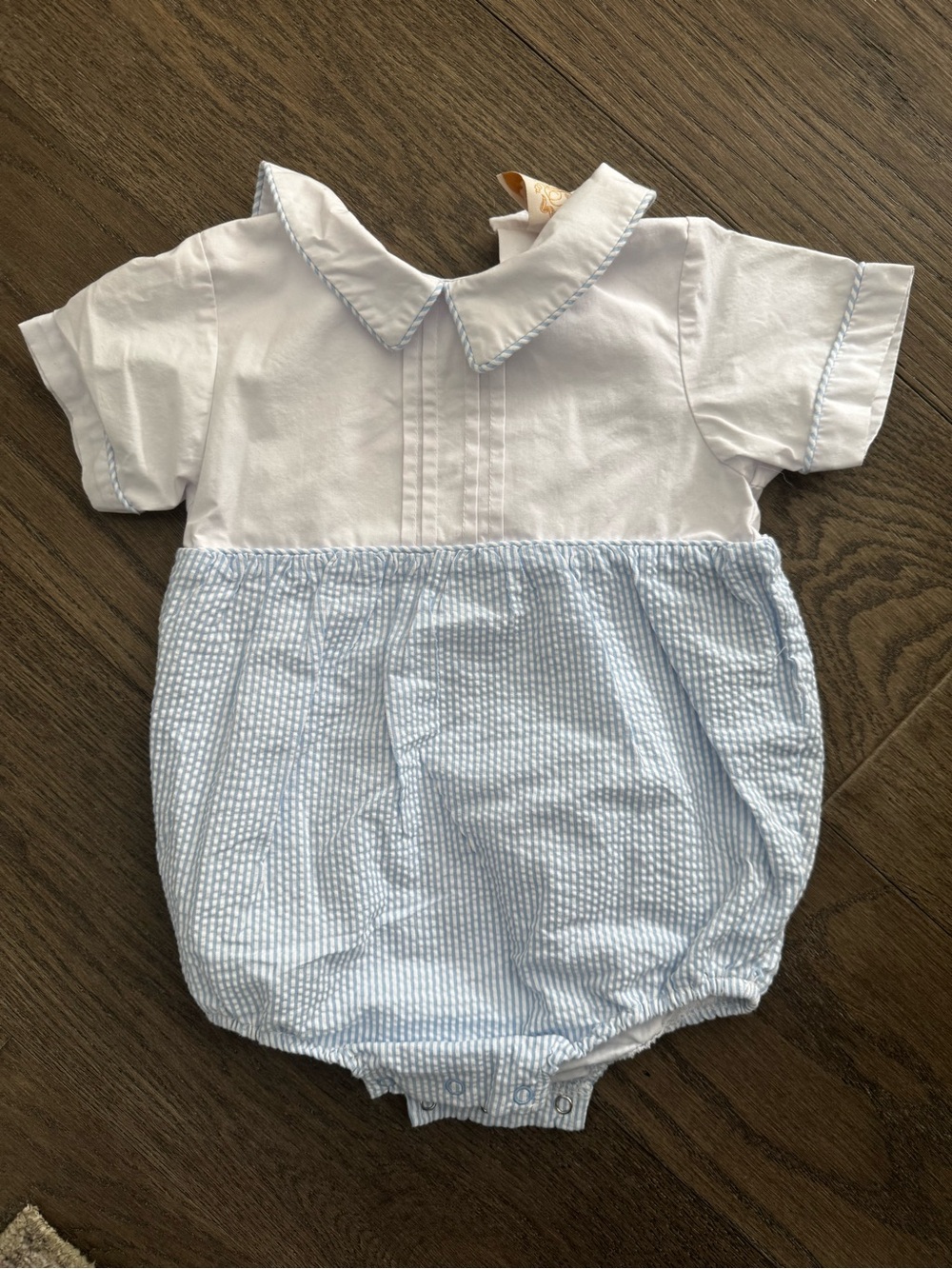 The Beaufort Bonnet Company White & Light Blue Seersucker Baby One-Piece
